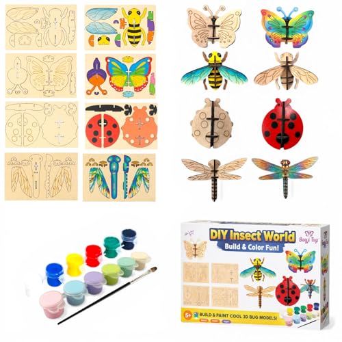 Image of BAGJI TOYS 3D Wooden Insect Craft Painting Kit for Kids, 4 Piece Set with Brushes & Paint, DIY Bug Models, Gift for Boys Girls Age 5 and Up