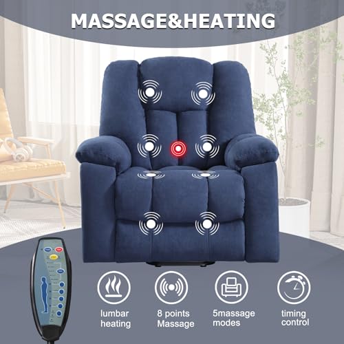 Image of CANMOV Power Lift Recliner Chair with Massage and Heat for Elderly, Overstuffed Wide Recliners, Heavy Duty and Safety Motion Reclining Mechanism with USB Ports, 2 Concealed Cup Holders, Navy Blue