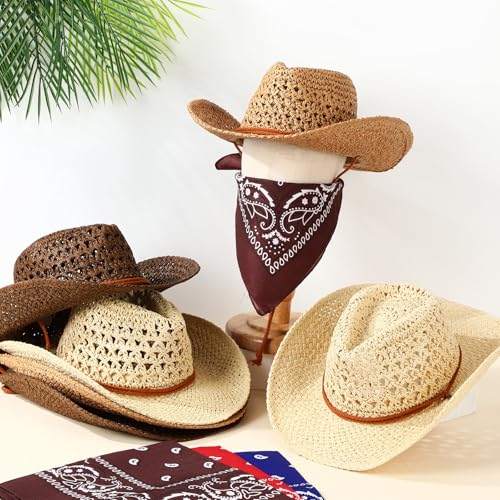 Image of Newcotte 6 Set Straw Cowboy Hats and Bandanas for Women Western Cowgirl Beach Sun Hat Bulk with Windproof Rope for Party Travel