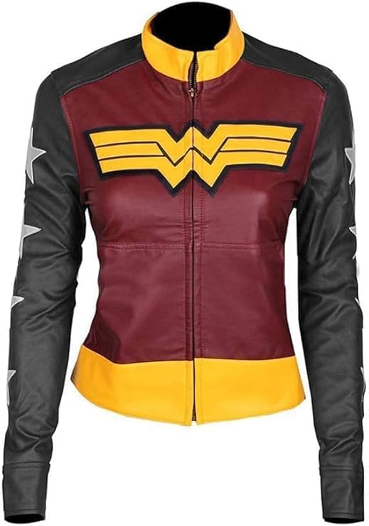 Iconic Superhero Wonder Girl Gal Gadot Maroon and Black Smart Fit Faux Leather Jacket for Women