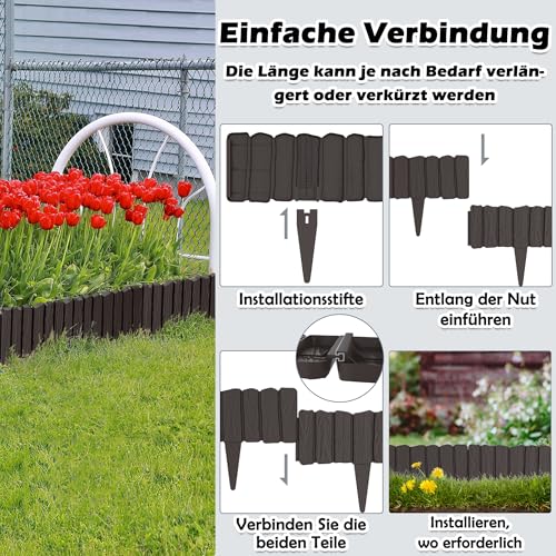 Aufun 2,3m Holzoptik Beeteinfassung zuschneidbar Beetumrandung Rasenkante Palisadenzaun Holzzaun klein Beetbegrenzung Palisaden Deko Gartenpalisade Beetzaun (Braun)