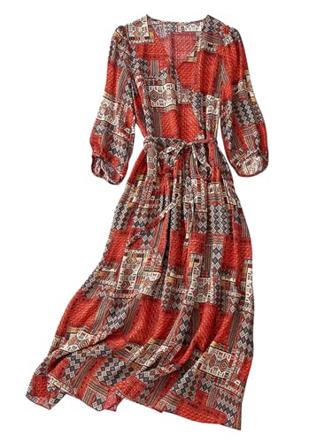 Robe midi en soie col en V pour femme 5035 HangErFeng