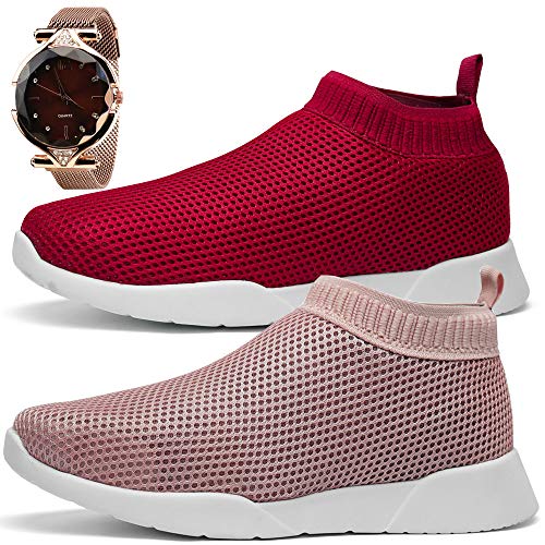 Kit 2 Tênis Sapatofran Caminhada Feminino Leve e Confortável Com Relógio Magnético (37, VERMELHO-ROS