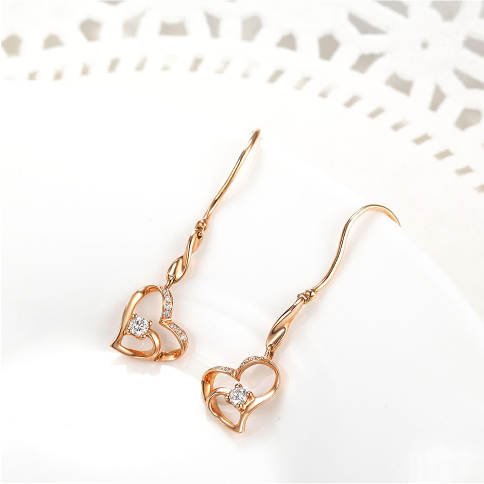 Damen Ohrringe für Hochzeit Rosegold 9K / 14K / 18 K, Hohl Herz mit Diamant 0,1 Karat, Durchzieher Damen Ohrringe Rosegold