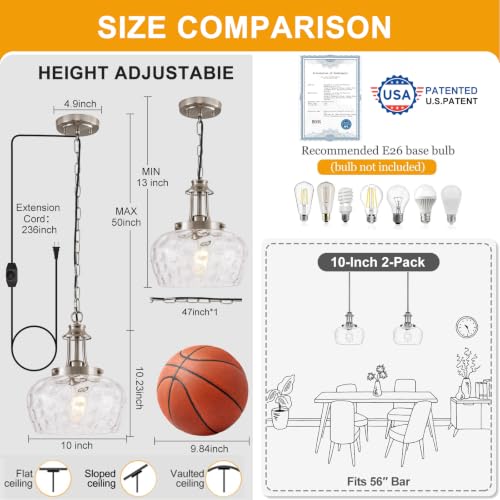 Image of Plug in Pendant Lights Kitchen Island, Modern Brushed Nickel Pendant Light Fixtures with 10 inch Clear Hammered Glass Shade, Industrial Hanging Pendant Lights Fixture for Kitchen Island Dining Room Foyer