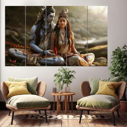 Image of Maxstone Adiyogi Shiva Maa Parvati Meditating Wall Painting for Living Room, Bedroom, Office, Hotels,Drawing Room Wooden Framed Digital Painting (30x60 inch) M1402