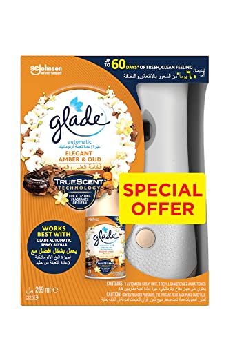 Glade Automatic Spray Holder With Elegant Amber & Oud Air Freshener Battery Operated Air Freshener Dispenser Odour Eliminator For Home & Bathroom Up To 60 Days Of Automatic Freshness 269 ml