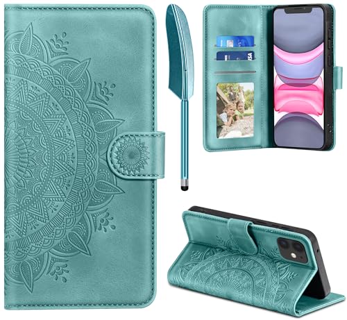 EASDNB Lederhülle für iPhone 11 Hülle Handyhülle für iPhone 11 Flip Wallet PU Leder Case [Kartenfach] [Magnet] [Ständer] Prägung Klapphülle Schutzhülle für iPhone 11 Grün