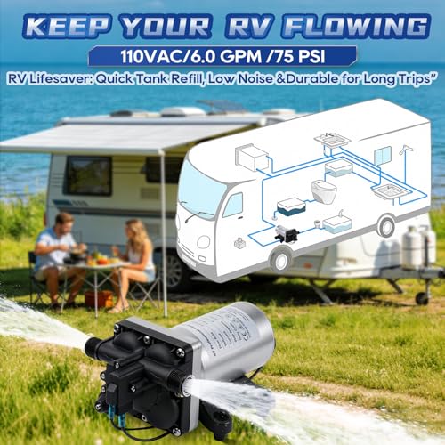 Image of [Upgraded Version] 110V AC Fresh Water Pump, 6GPM 75 PSI Self-Priming Diaphragm Water Pump with Power Plug, Pressure Switch, Brass Connector and Strainer, for Kitchen Bathroom Garden Hose