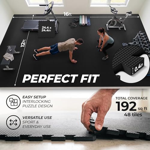 Image of bemaxx Gym Mats Set - 48 pcs EVA Interlocking Foam Floor Tiles (24.4 inchx24.4 inchx0.4 inch) 192 sqft Protective Gym Flooring Sports Home Workout Exercise Mats Puzzle Garage Fitness Play-Room Pool Treadmill Bike