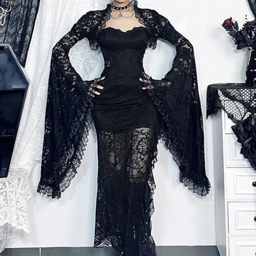 Women Punk Mesh Lace Bolero Shrug Top Bell Sleeve Gothic Sheer Grunge Y2K Black2