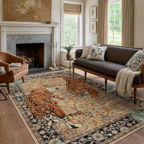 Moynesa Tiger 6x9 Rug, Washable Large Rugs for Living Room, Vintage Non Slip Boho Bedroom Area Rug, Ultra Thin Soft Indoor Floor Carpet for Dining Room Home Office, Camel