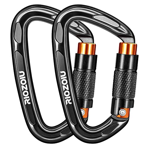 Uiaa Certified Auto Locking Climbing Carabiner Clips 25Kn Heavy Duty Large Locking Carabiner Clips For Rock/Ice Climbing Rappelling D Shaped 3.93 Inch, Large Size, Black (2) #TOP6