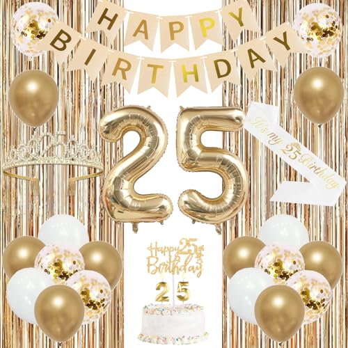Image of Trgowaul 25th Birthday Decorations for Women, Banner, Sash and Crown, Cake Topper, 25 Number Balloon, Fringe Curtains, Champagne Gold 25th Birthday Party Supplies