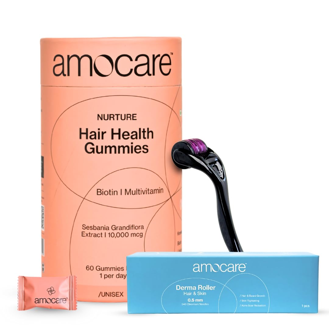 Amocare Biotin Gummies & 0.5mm Derma Roller Combo for Hair Growth & Skin Care | 10000 mcg Biotin Gummies with 540 Titanium Microneedle Roller for Men & Women