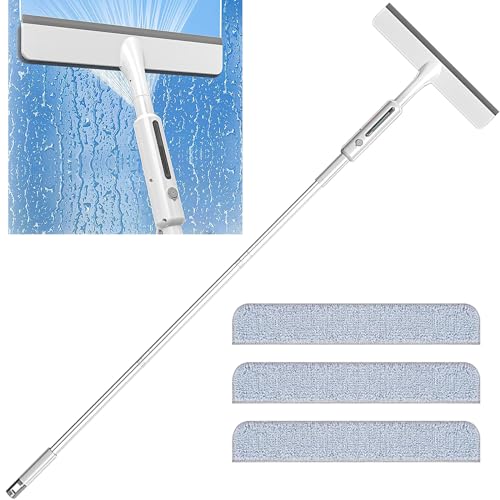 Image of 3 in 1 Squeegee for Window Cleaning, 59'' Long Glass High Window Cleaner with Spray Extension Rod and 12'' Rubber Lip, Combinable Squeegee for Car Sliding Door Shower Glass Door