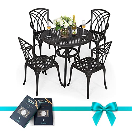 Nuu Garden Outdoor Cast Aluminum Dining Set, Black Round Patio Table and Chairs with Umbrella Hole for Patio or Deck, Lattice Weave Design, 5-Pcs Set, Antique Bronze