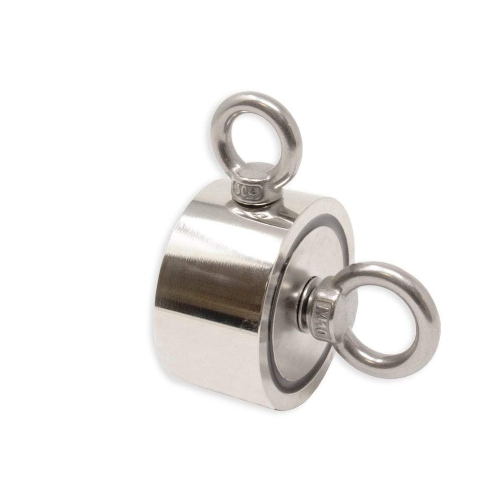 Magnet de Bote de Neodimio N42 Con 1X M10 Y 1X M8 Eyebolt Y 10M Cordida Para Pesca Por Imán, Recuperación Y Caza de Tesoros - 75mm de Diámetro x 25mm - 200kg