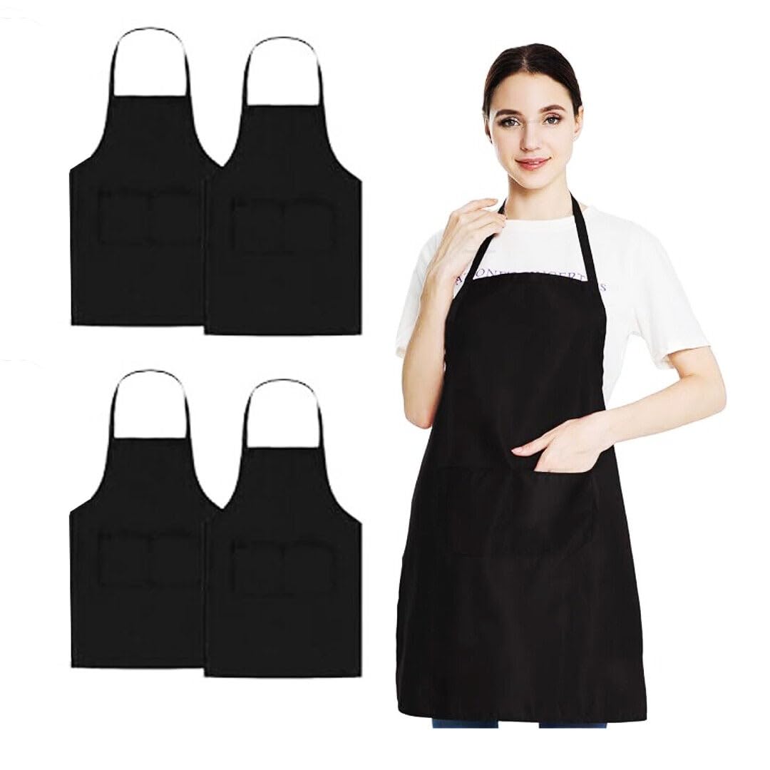Clossy London Unisex Bib Apron with 2 Pockets Cooking Kitchen Chef Women Men Aprons for Home Kitchen, Restaurant, Coffee house (Black Pack 4)