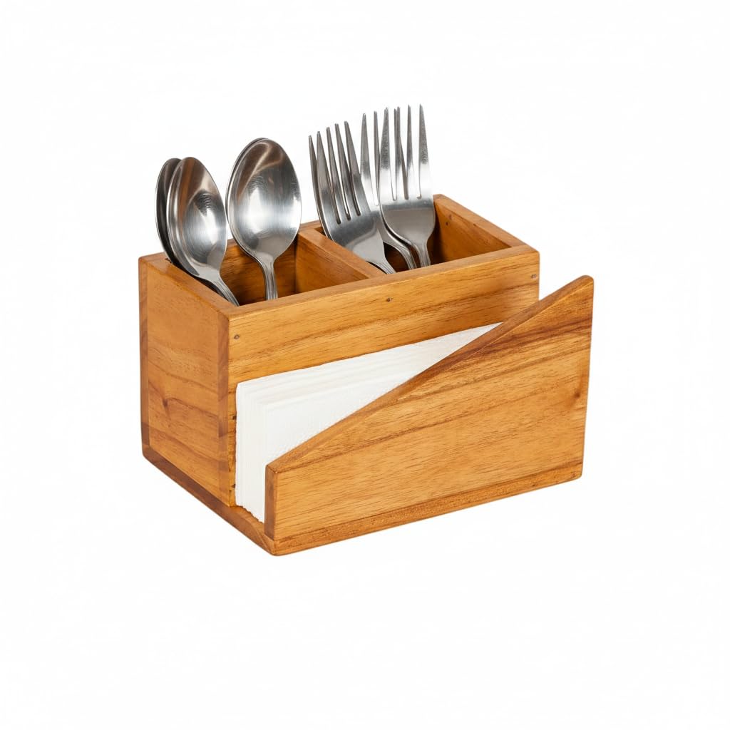 Wooden Multipurpose Cutlery Holder, 2 Compartments, Natural Wood Finish | Spoon Rack, Utensils Container, Tableware Organizer, For Dining Table
