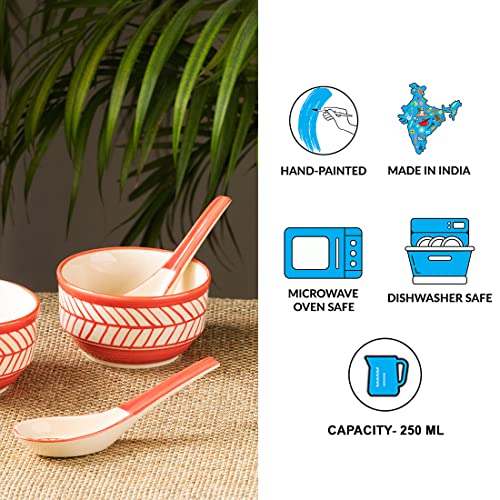 Image of ExclusiveLane 'Red Chevrons' Handcrafted Ceramic Soup Bowl with Spoon /Soup Cups (Set of 2, 250 ML, Microwave Safe & Dishwasher Safe) - Soup Bowl Set with Spoon