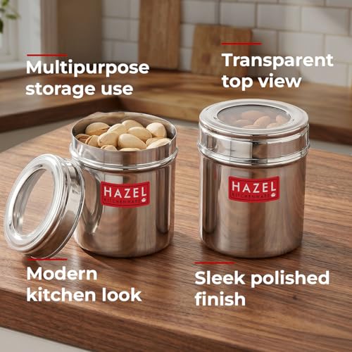 Image of HAZEL Stainless Steel Top See Containers, 250 ml (Pack of 2) | See Through Lid Steel Jars for Spices, Dry Fruits & Kitchen Use