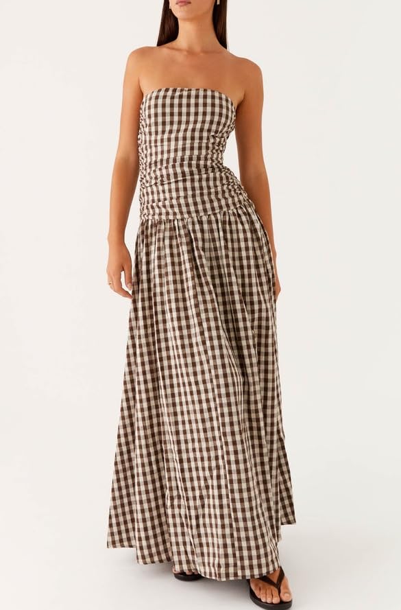 UAURORAO Women Gingham Strapless Maxi Dress Drop Waist Tube Long Dresses Off Shoulder Backless Flowy Cocktail Dress4