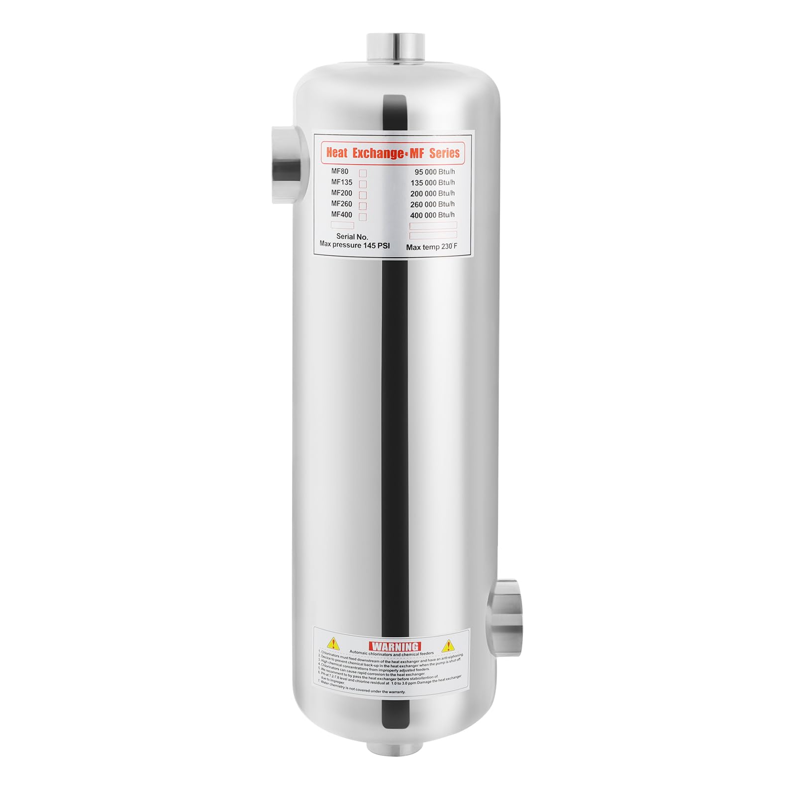 Intercambiador de calor de alto rendimiento, 60 kW, acero inoxidable 304, intercambiador de calor para piscinas, 250 L/min, con diseño de fuelle, compacto de 48 cm de longitud, funcionamiento