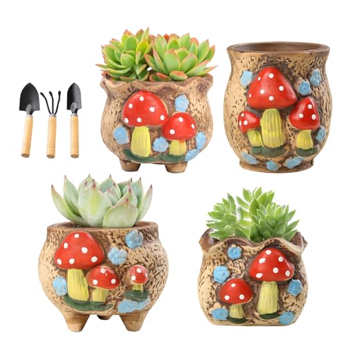 Maceta, Pack de 4 Maceteros Decorativos Interior de Cerámica con Forma de Hongo con 3 Palas Macetas Diseño Dibujado A Mano Ideal Para Diversas Plantas Pequeñas Incluyendo Cactus Vegetación Artificial