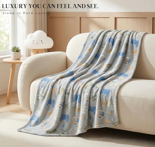 Image of BSB HOME Glow in The Dark Kids Blanket, Soft Flannel Fleece Luminous Blanket for Boys & Girls, Cozy Lightweight Kids Throw for Bed - 42 x 60 in (107 x 152 cm) (Gaming Theme - Slate Grey)