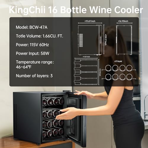 Image of KingChii 16 Bottle Wine Cooler, Freestanding Wine Fridge with Glass Door, Adjustable Shelves & Digital Temperature Display Wine Refrigerator for Red, White, Champagne - Perfect for Home, Kitchen, Bar