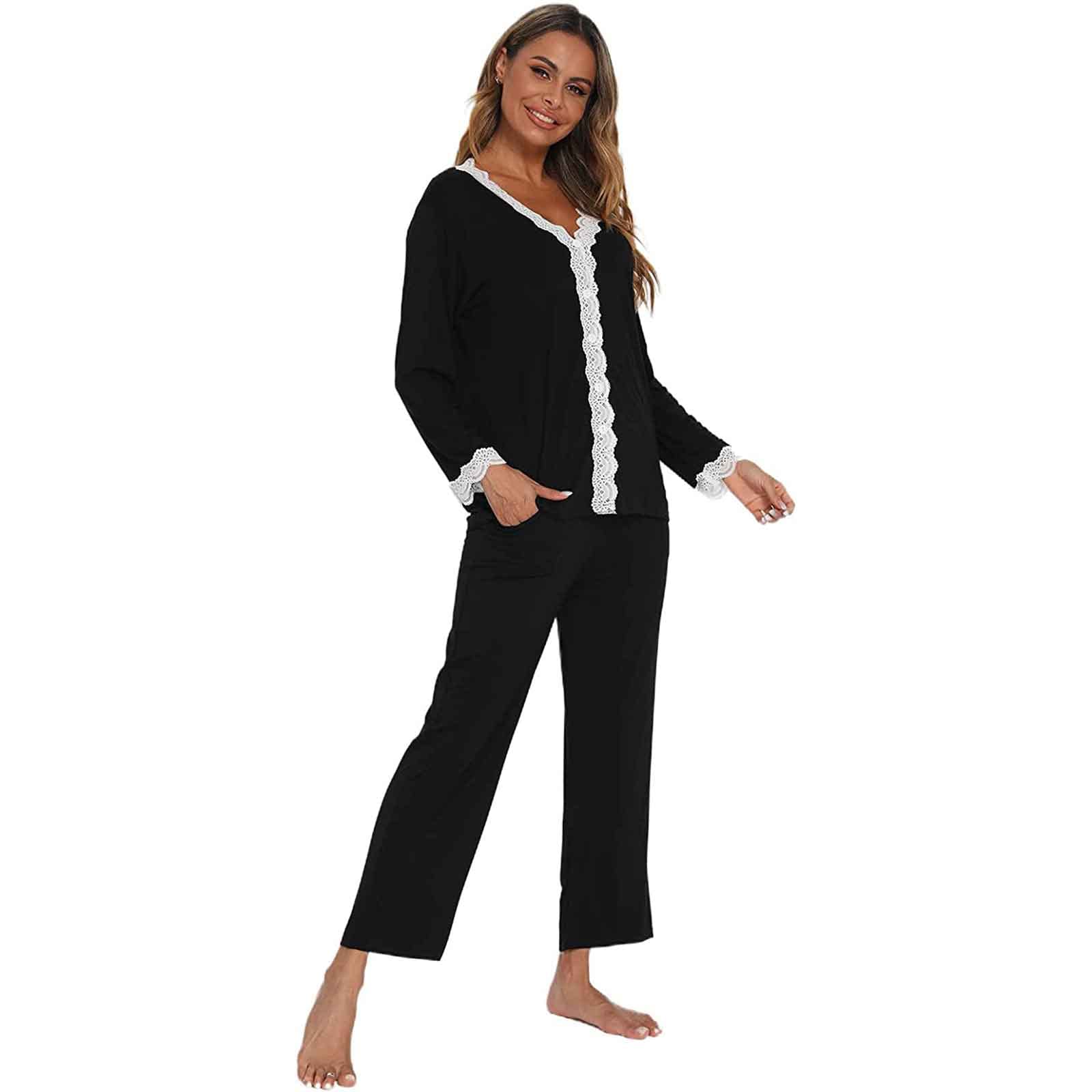 Jecarden Damen Schlafanzug mit Spitze Lang - Damen Pyjama Set Winter Langärmelig Nachtwäsche Zweiteiler Baumwolle Sexy Pyjama für Frauen weiche Loungewear