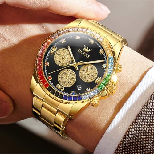 Image of OLEVS Watch for Men Luxury Gold Diamond Chronograph Business Wristwatch with Analog Quartz, Date Calendar, Stainless Steel Band, Luminous Hands, Waterproof