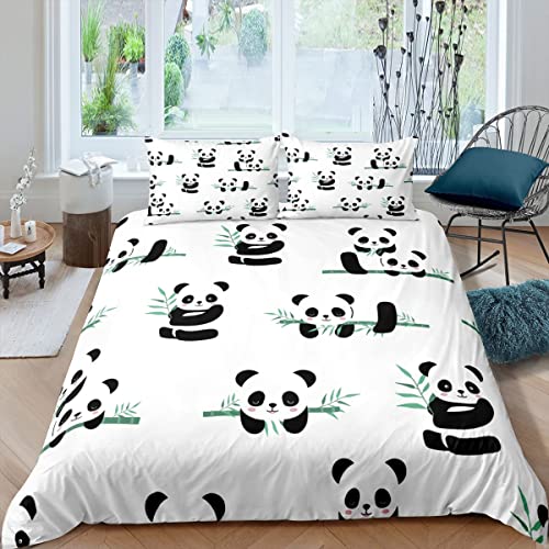 布団カバークイーンサイズ セット 白いパンダ マイクロファイバー 布団カバー 3点セット、 寝具カバーセット 洋式・和式兼用 掛け布団カバー(210x210cm)+ 2 枚枕カバー(43x63cm