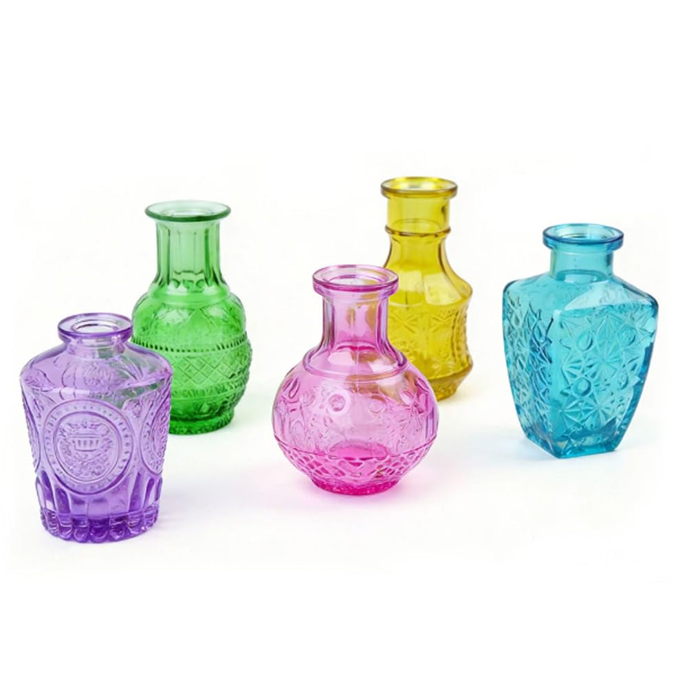 Set di Mini Vasi in Vetro Montessori, 5 Pezzi di Vasi per Boccioli Colorati in Stile Vintage con Decorazioni in Rilievo, per Fiori e Lavoretti Creativi per Bambini