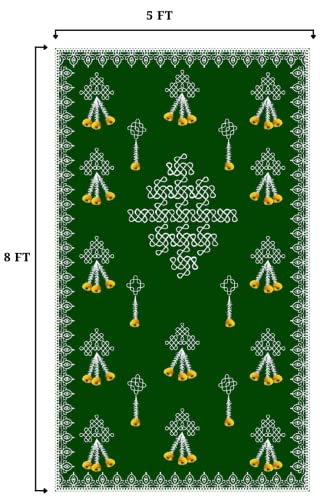 Image of Sri Yagnaa - Backdrop Cloth for Pooja Decoration Traditional - M 1 - Background Curtain Cloth for Festival Decoration (5x8 Ft) (Green Muggu Flowers Design Backdrop)
