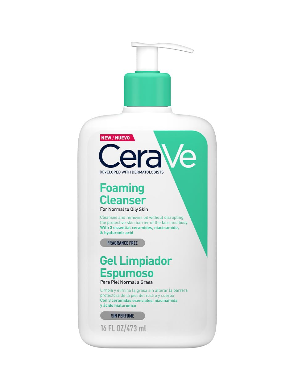 CeraVe Gel Limpiador Espumoso para Piel Normal a Grasa con Ceramidas Esenciales, Niacinamida y Ácido Hialurónico que Protege e Hidrata la Barrera Natural de la Piel, 473ml