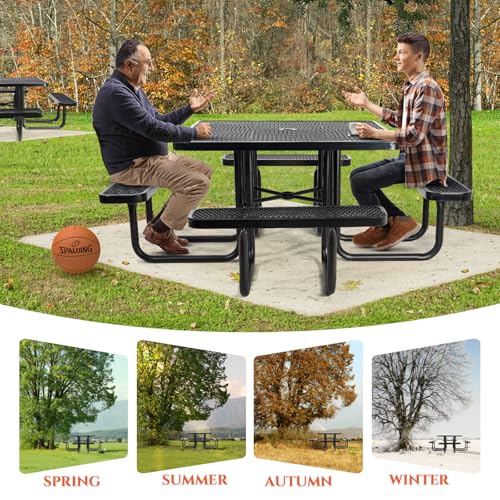 46\" Square Top Outdoor Picnic Table Set for Up to 8 Persons, Outside Table Set with 4 Built-in Benches, Metal Commercial-Grade Dining Furniture with Umbrella Hole for Garden, Backyard, Porch, Patio