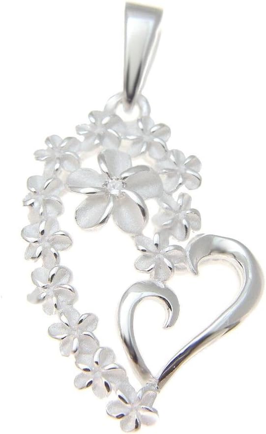 Arthur's Jewelry 925 sterling silver 13 Hawaiian plumeria flower sand blast finished heart design pendant