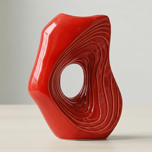 Red Ceramic Vase, 11 Inch | Modern Donut Decorative Vases for Pampas Grass, Home Decor, Console, Kitchen, Mantel, Living Room, Table Centerpiece