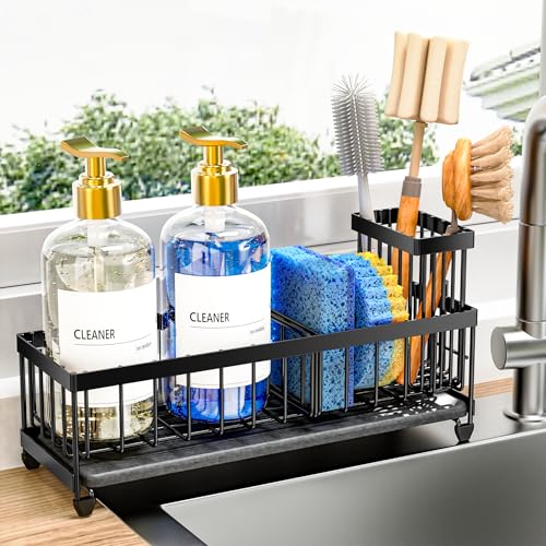 Image of Cisily 10.62'' Sponge Holder for Kitchen Sink, Sink Caddy Organizer with High Brush Holder, Kitchen Countertop Organizers and Storage Essentials, Rustproof 304 Stainless Steel (Black with Stone Tray