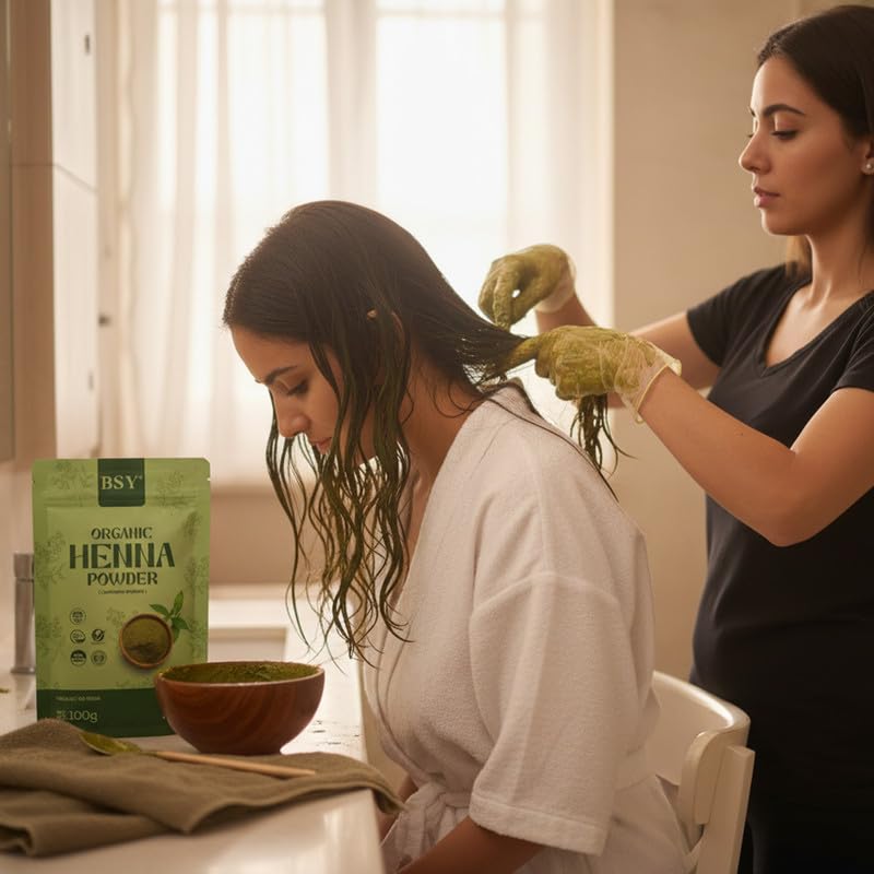 Image of BSY Organic Henna Powder for Hair - 100% Pure & Natural Herbal Maruthani Powder for Rich Hair Colour | Chemical-Free Henna for Women & Men 100g