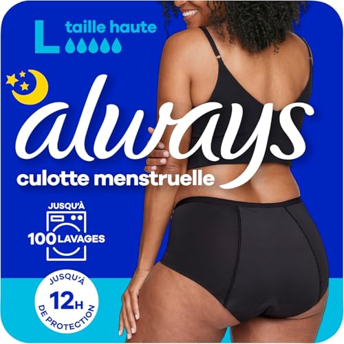 Always – Braga Menstrual Lavable Noche, L, 42-44, 1 Ropa interior Menstrual, Negro, Flujo Medio a Abundante, Reutilizable hasta 100 lavados, hasta 12 horas de protección, comodidad durante toda la