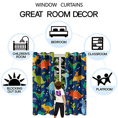 Dinosaur Blackout Curtains 2 Panels 63" Inch Drapes Boys Curtains for Bedroom Cute Dinosaur Themed Grommet Top Thermal Insulated Boys Room Curtains for Nursery, Navy Blue, 82" x 63"