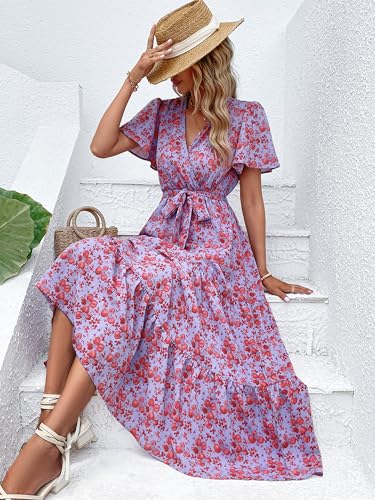 Image of MASCOMODA Women Boho Swiss Dot Maxi Dresses Wrap V Neck Flutter Short Sleeve Solid Tie Waist A Line Tiered Flowy Long Dresses