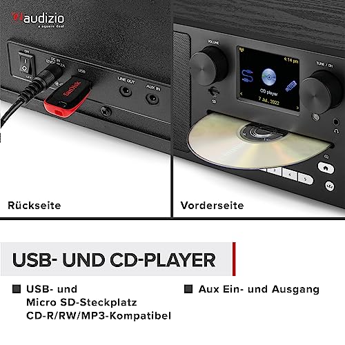 Audizio Naples - DAB Radio mit CD Player, Bluetooth, Internetradio WLAN, Fernbedienung, 60 Watt, UKW, AUX, USB, SD, MP3, Stereo Kompaktanlage, WiFi,dimmbares Display, Wecker, Sleeptimer, Schwarz – Bild 5
