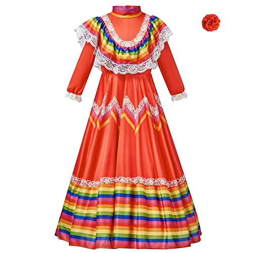 Generisch Robe traditionnelle mexicaine pour enfant - Style national - Manches longues - Danse - Princesse - Avec coiffe - Cosplay - Carnaval - Fête...