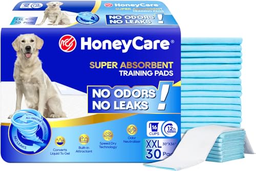 Image of HONEY CARE All-Absorb, XXL 30 inchx36 inch, 30 Count, Dog and Puppy Training Pads, Ultra Absorbent and Odor Eliminating, Leak-Proof 5-Layer Potty Training Pads with Quick-Dry Surface, Blue, A39