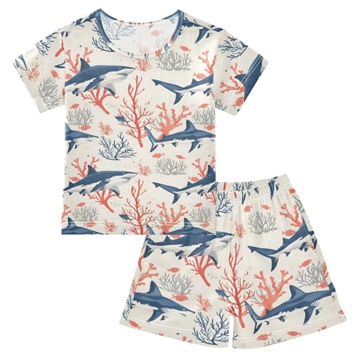 ALAZA Shark Coral Reef Vintage Pajamas Short Sleeve 2 Piece Sleepwear Top and Bottom Pajama Set Unisex