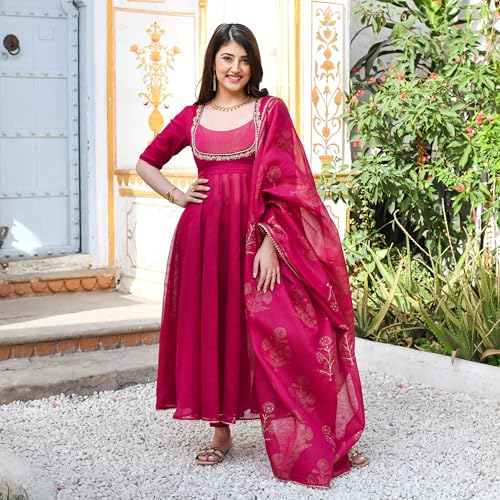 Image of GoSriKi Women's Rayon Viscose Embroidered Anarkali Kurta with Pant & Dupatta